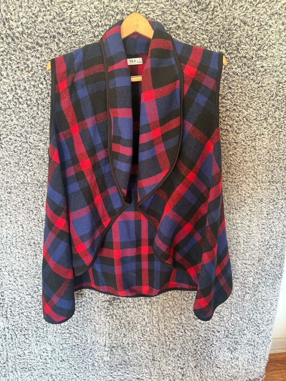 VLD Buffalo Plaid Open Front Waterfall Cardigan Vest